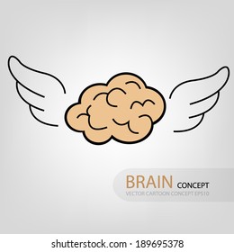 Cartoon concept brain and wings idea on grey background for concept design