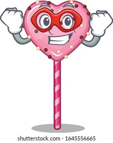 A cartoon concept of candy heart lollipop performed as a Super hero