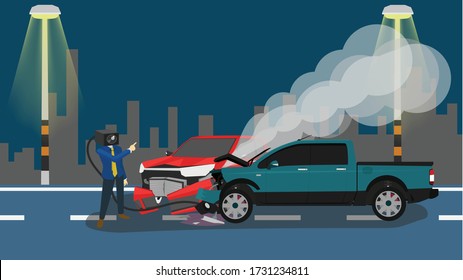 Cartoon concept CCTV camera man came down to explain the accident. Accident of two pickup car in front of a collision, a bumper crashing, severe damage and smoke ejecting. background of town at night.