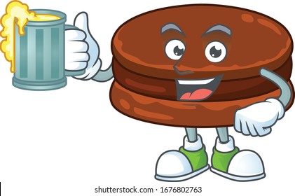 A cartoon concept of chocolate alfajor with a glass of beer