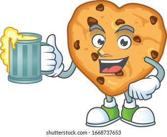 A cartoon concept of chocolate chips love with a glass of beer