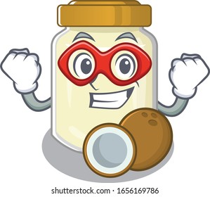 A cartoon concept of coconut butter performed as a Super hero