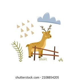 Cartoon concept of deer stands behind fence, wild stag in forest isolated on white. Cute abstract animal with plants in woodland flat vector illustration icon. Kids poster and print design