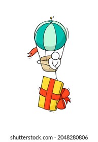 Cartoon concept for delivery service. Vector illustration - man with package flying down, template for holiday design.