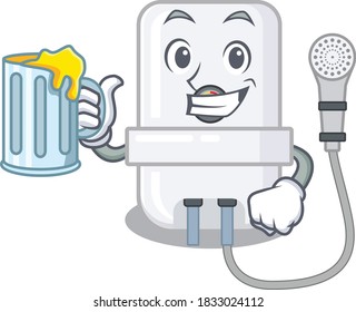 A cartoon concept of electric water heater with a glass of beer