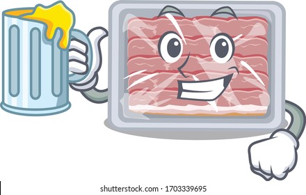 A cartoon concept of frozen smoked bacon rise up a glass of beer