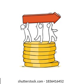 Cartoon concept - growth stacks with coins with people holding red arrow. Hand drawn cartoon vector for business design.