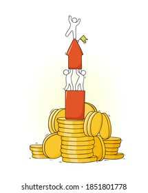 Cartoon concept - growth stacks with coins with people and big red arrow. Hand drawn cartoon vector for business design.