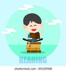 cartoon concept happy boy reading illustration on blue background