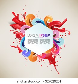 cartoon concept hexagon frame colorful glossy swirls and red ink splash. eps10 vector background