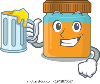 A cartoon concept of honey jar with a glass of beer