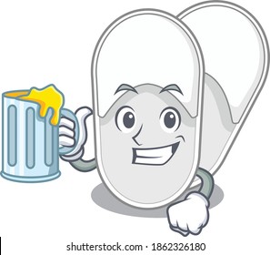 A cartoon concept of hotel slippers with a glass of beer