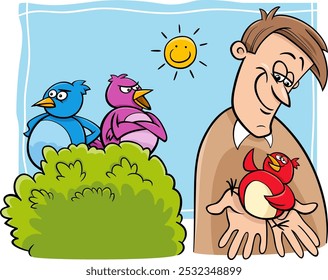 cartoon concept illustration of a bird in the hand is worth two in the bush saying or proverb