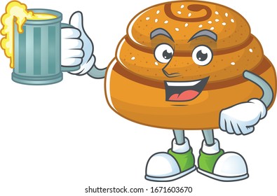 A cartoon concept of kanelbulle with a glass of beer