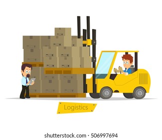 cartoon concept of a logistics center. logistics workers, boxes and forklift. vector illustration.