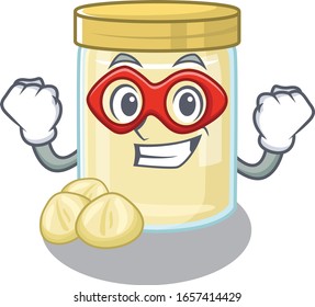 A cartoon concept of macadamia nut butter performed as a Super hero