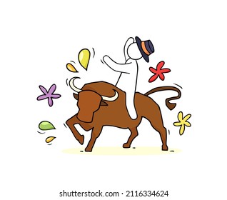 Cartoon concept - man bullfighting in Spain. Hand drawn vector illustration about corrida, bull fight.