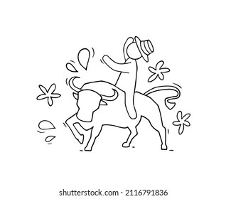 Cartoon concept - man bullfighting in Spain. Hand drawn vector illustration about corrida, bull fight.