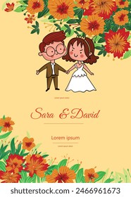 Cartoon concept marriage, Cute Cartoon Groom and Bride vector illustration.