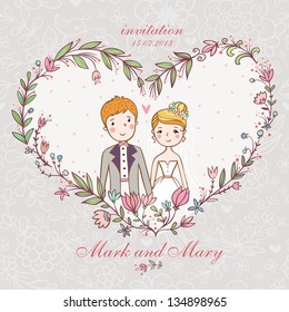 Cartoon concept marriage. Wedding invitation with bride and groom in a flower heart.