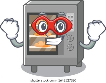 A cartoon concept of oven cake performed as a Super hero