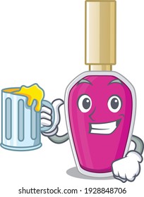 A cartoon concept of pink nail polish toast with a glass of beer. Vector illustration
