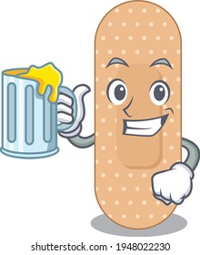 A cartoon concept of standard bandage toast with a glass of beer. Vector illustration