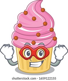 A cartoon concept of strawberry cupcake performed as a Super hero