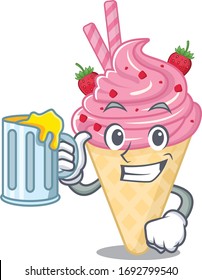 A cartoon concept of strawberry ice cream rise up a glass of beer