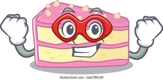 A cartoon concept of strawberry slice cake performed as a Super hero