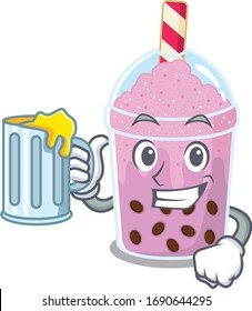 A cartoon concept of taro bubble tea rise up a glass of beer