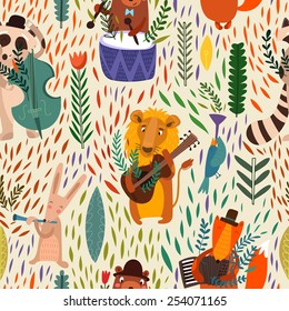 Cartoon  concept wallpaper. Raccoon, lion, bear, hare, rabbit and fox playing on musical instruments.  Seamless pattern can be used for wallpaper, pattern fills, web page backgrounds