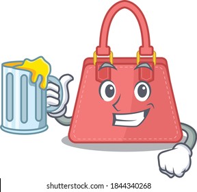 A cartoon concept of women handbag with a glass of beer