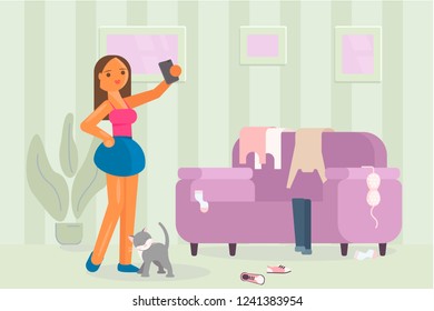 Cartoon concept of young girl tries on clothes and making selfiein messy room. Vector illustration eps 10. 