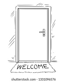 Cartoon conceptual drawing or illustration of closed door with welcome text on mat or doormat.