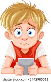 Cartoon of a concerned boy with a mobile device
