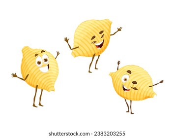 Cartoon conchiglie pasta characters. Smiling cheerful and friendly wheat meal personages. isolated vector comic noodles, traditional dish of Italy. Funny friends with adorable faces fun and rejoice