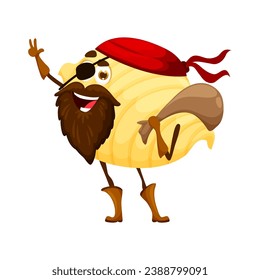 Cartoon conchiglioni Italian pasta pirate character. Pasta bearded filibuster personage with treasure sack. Italy cuisine noodle corsair, conchiglioni meal buccaneer isolated vector comical personage