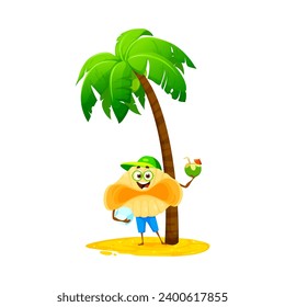 Cartoon conchiglioni pasta character on summer beach vacation. Cute vector personage of italian macaroni food standing on sand beach under palm tree with tropical cocktail and ball, summer holidays