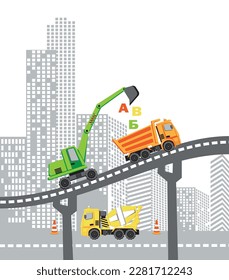 Cartoon concrete mixer, excavator and dump truck on bridge on city background. Vector illustration. Print for t-shirt.