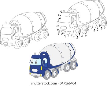Cartoon concrete mixer. Vector illustration. Coloring and dot to dot educational game for kids