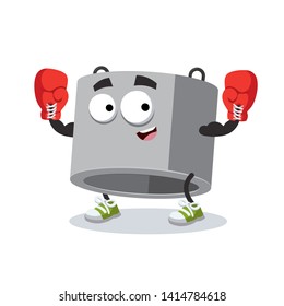 cartoon concrete ring for well mascot in red boxing gloves on white background