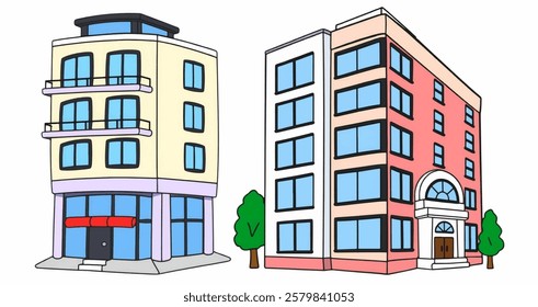 A cartoon condo with sleek, modern design and large glass windows. Perfect for city living or modern architecture sticker bundles.