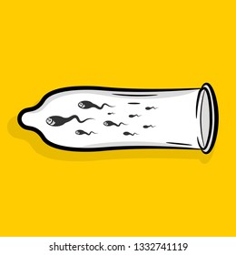 Cartoon condom with sperm inside. Protection against fertilization. Male contraception.