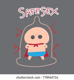 Cartoon condom.super hero condom safe sex.Prevent sexually transmitted diseases