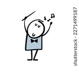 Cartoon conductor of the orchestra at a concert of classical music inspired conducts to an ancient melody. Vector illustration of stick figure artist on the stage in the theatre.