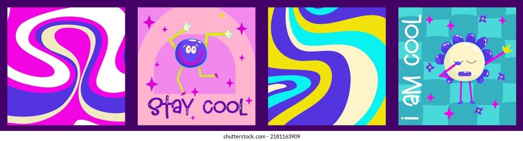 Cartoon conemporary comic smile poster set modern for banner design. Vector cover. Retro happy flower vector art illustration. Art collection. Geometric background