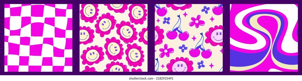 Cartoon conemporary comic smile poster set modern for banner design. Vector cover. Retro happy flower vector art illustration. Art collection. Geometric background