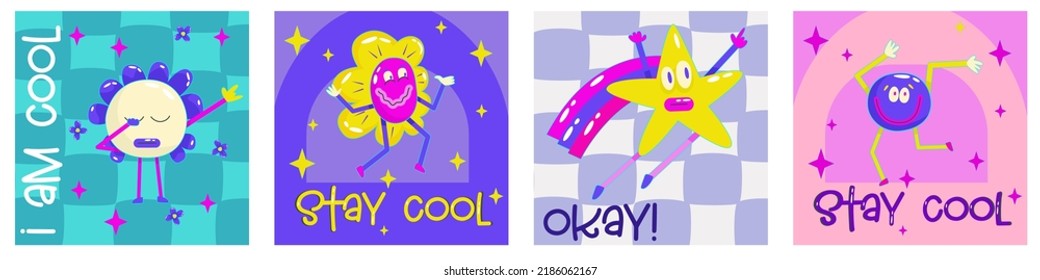 Cartoon conemporary comic smile poster set modern for banner design. Vector cover. Retro happy flower vector art illustration. Art collection. Geometric background