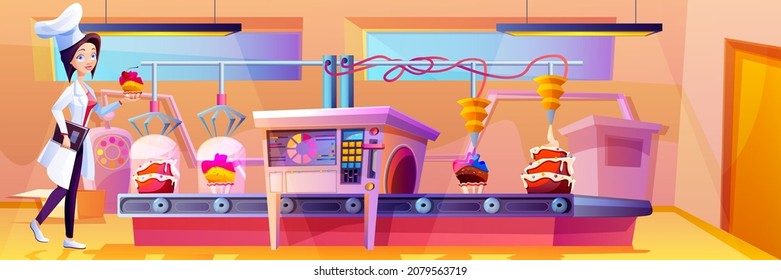 Cartoon confectioner on candy factory control cake production on conveyor belt. Desserts and cupcakes moving on line with automation system. Manufacturing process of sweet food cooking and decorating.